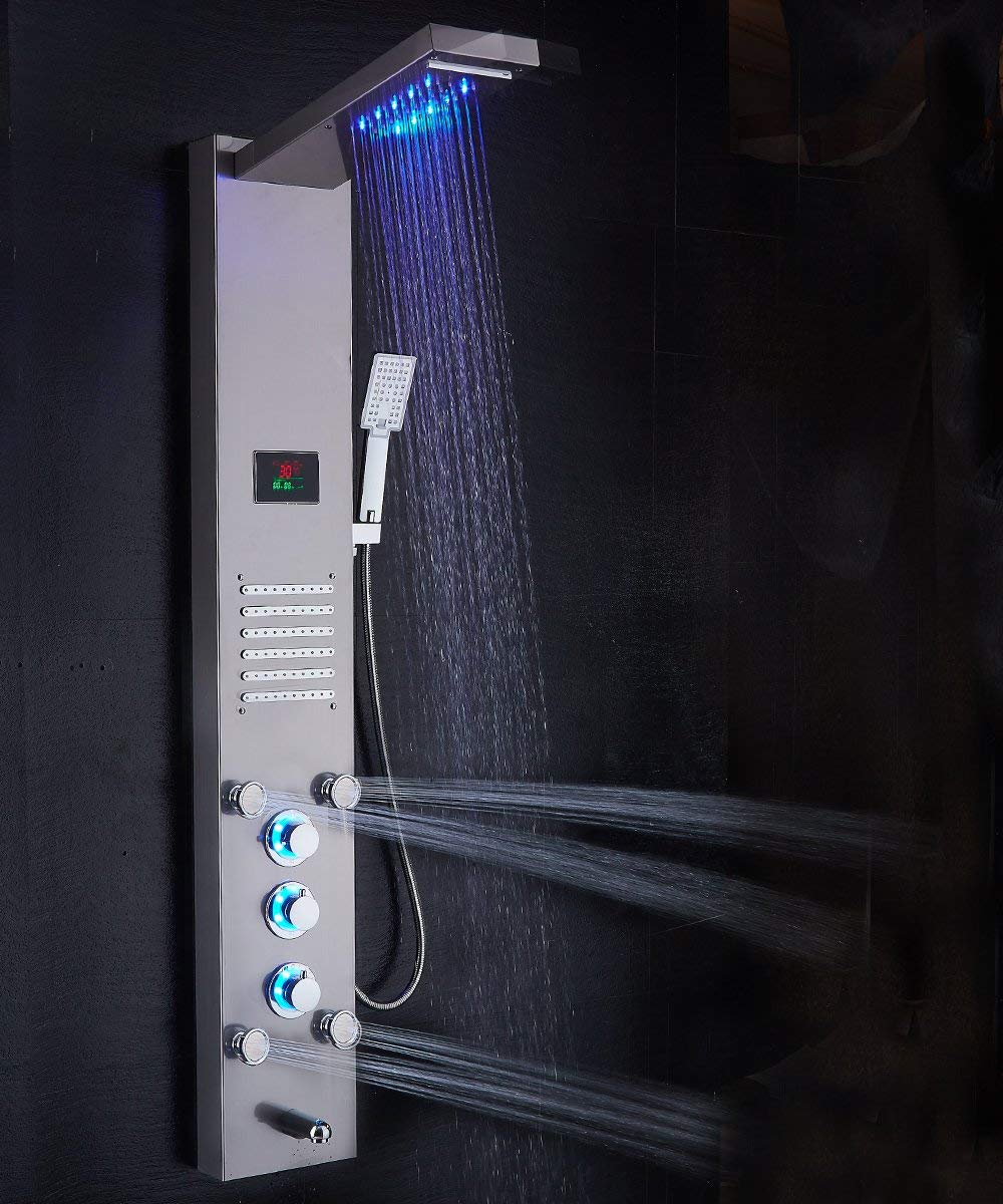 ELLO&ALLO Stainless Steel Rainfall Waterfall Shower Panel Tower Rain Massage System with Jets,Hydroelectricity Temperature Display Hand Shower and 4 ELLO&ALLO Stainless Steel Rainfall Waterfall Shower Panel Tower Rain Massage System with Jets,Hydroelectricity Temperature Display Hand Shower and - Image 4