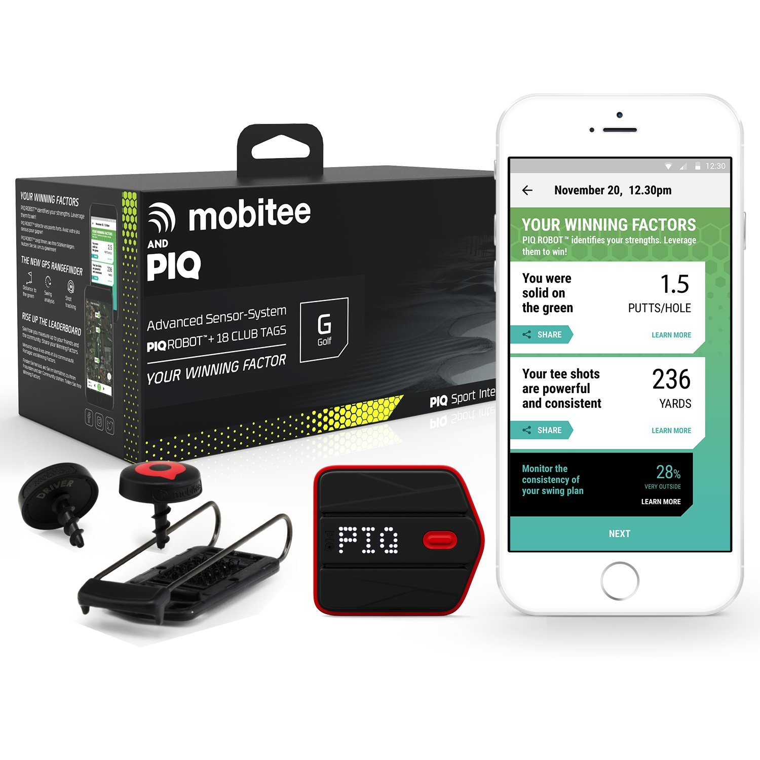 Mobitee & PIQ Wearable Golf Sport Tracker - Golf Course GPS Rangefinder on your wrist, Club GPS Shot Tracker, Club Shot Statistics, Golf Swing Ana 1