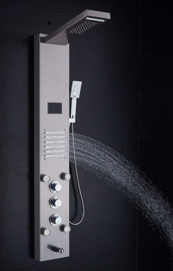 ELLO&ALLO Stainless Steel Rainfall Waterfall Shower Panel Tower Rain Massage System with Jets,Hydroelectricity Temperature Display Hand Shower and 3