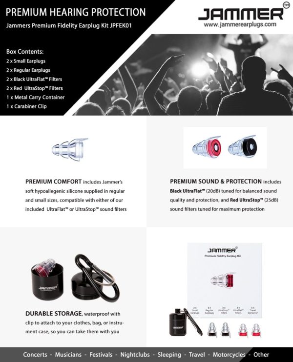 Jammer Premium Earplug Kit for Concerts Musicians Bands DJs Nightclubs Motorcycles Sleeping - High Fidelity Noise Reduction - Noise Cancelling - Reusa 7