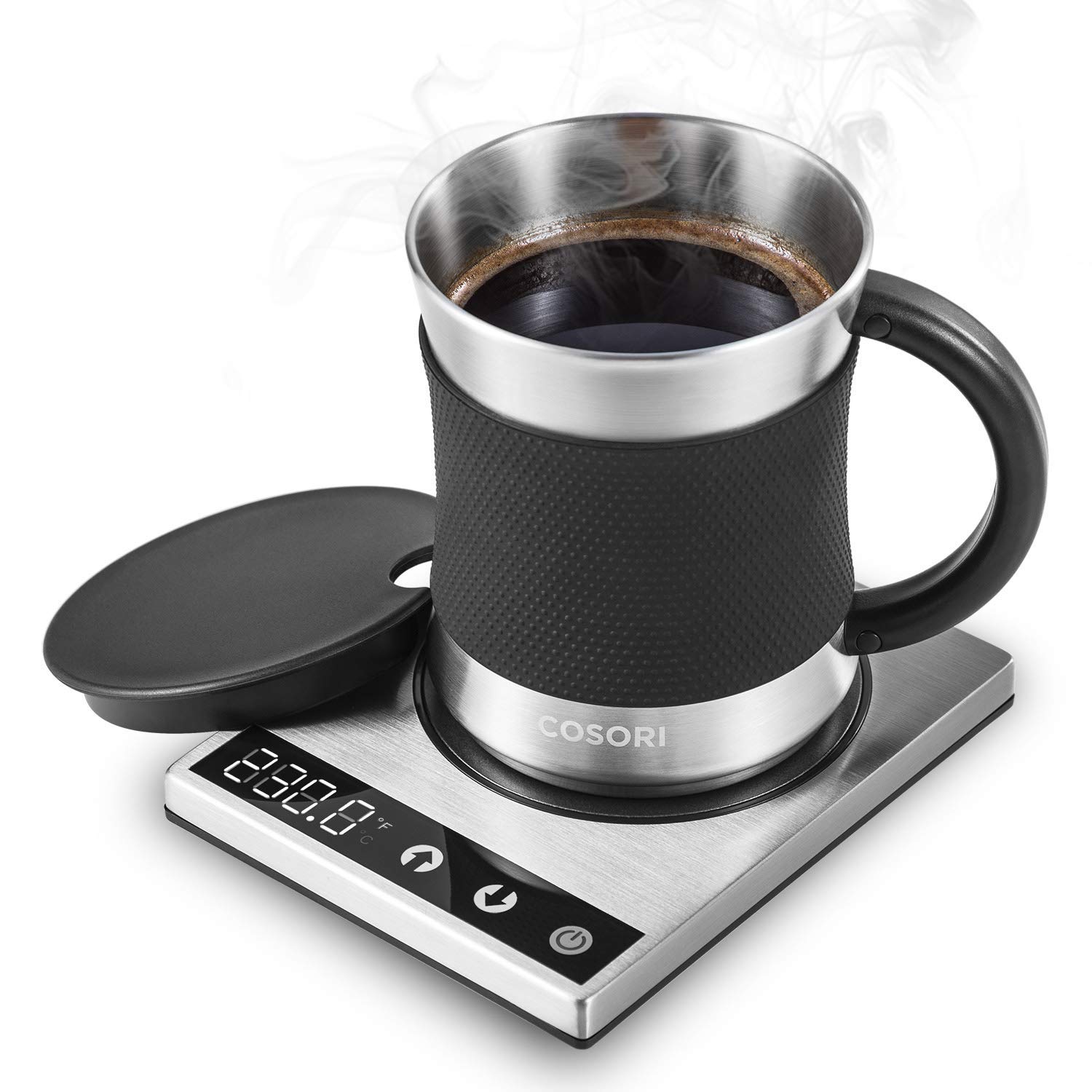 COSORI Coffee Mug Warmer & Mug Set,Electric 24Watt Beverage Cup Warmer for Desk Home Office Use,304 Stainless Steel 17oz Mug w/ Lid,Touch Tech &am 1
