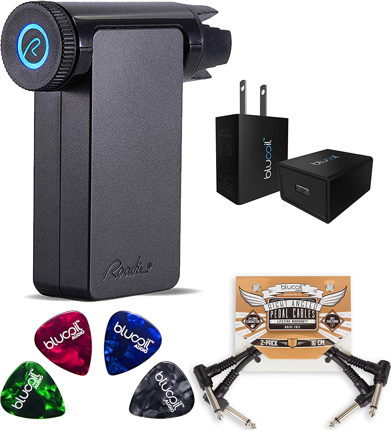 Roadie 2 RD200 Standalone Automatic Guitar Tuner Bundled With Blucoil USB Wall Adapter, 2-Pack of Pedal Patch Cables, and 4-Pack of Celluloid Guitar P 2