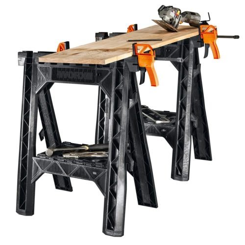 WORX Clamping Sawhorse Pair with Bar Clamps, Built-in Shelf and Cord Hooks 2