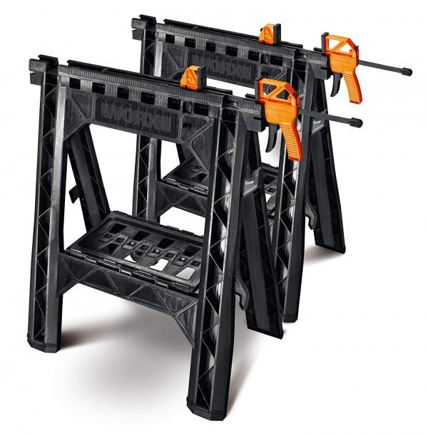 WORX Clamping Sawhorse Pair with Bar Clamps, Built-in Shelf and Cord Hooks 1