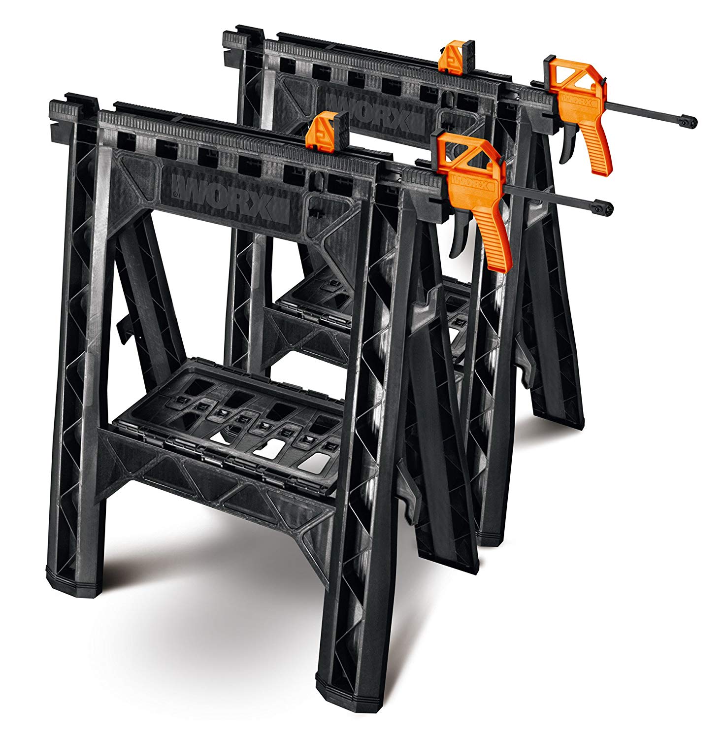 WORX Clamping Sawhorse Pair with Bar Clamps, Built-in Shelf and Cord Hooks 1 WORX Clamping Sawhorse Pair with Bar Clamps, Built-in Shelf and Cord Hooks