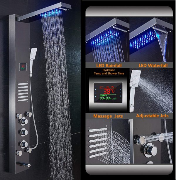 ELLO&ALLO Stainless Steel Rainfall Waterfall Shower Panel Tower Rain Massage System with Jets,Hydroelectricity Temperature Display Hand Shower and 8