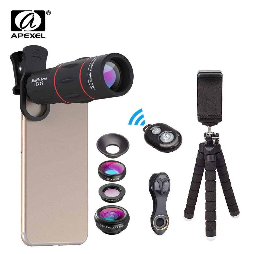 APEXEL Phone Lens Kit Fisheye Wide Angle macro 18X telescope Lens telephoto with 3 in 1 lens for Samsung iPhones Android 1
