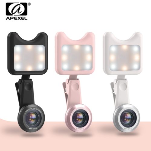 APEXEL LED Selfie Light Fill-in light +0.36X Wide Angle Lens + 15X Macro Lens Kit 1