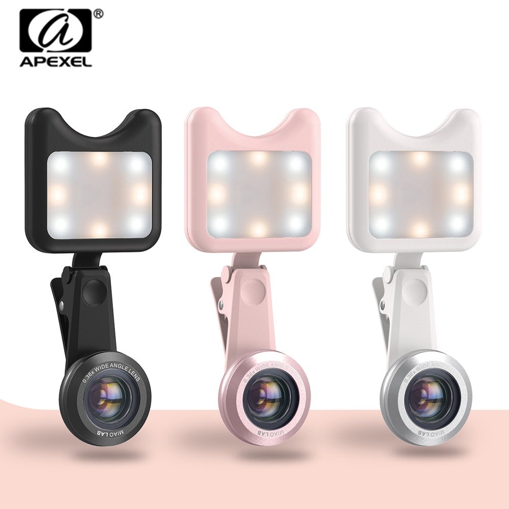 APEXEL LED Selfie Light Fill-in light +0.36X Wide Angle Lens + 15X Macro Lens Kit 2