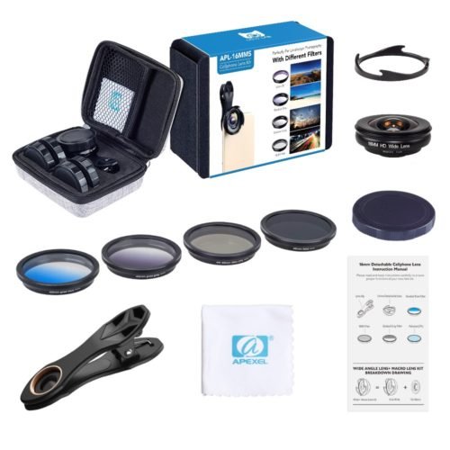 APEXEL 6 in 1 phone camera lens kit professional wide/macro lens with grad filter CPL ND filter 6
