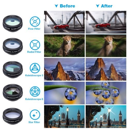 APEXEL 10 in 1 Mobile phone Lens Telephoto Fisheye lens Wide Angle Macro Lens+CPL/Flow/Radial/Star Filter for all smartphones 3