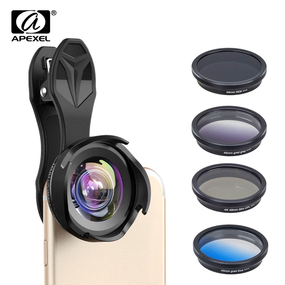 APEXEL 6 in 1 phone camera lens kit professional wide/macro lens with grad filter CPL ND filter 2