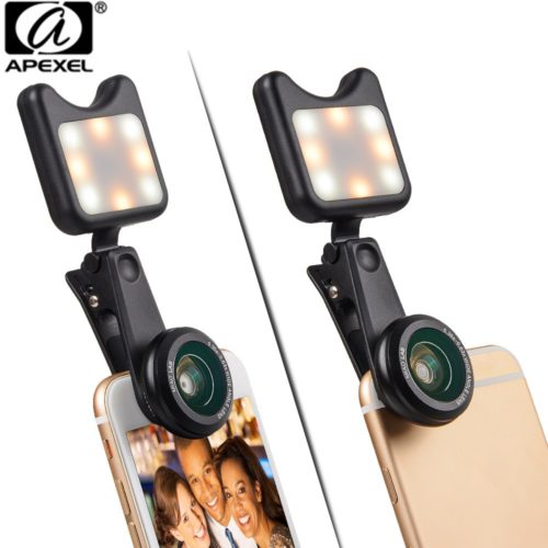 APEXEL LED Selfie Light Fill-in light +0.36X Wide Angle Lens + 15X Macro Lens Kit 4