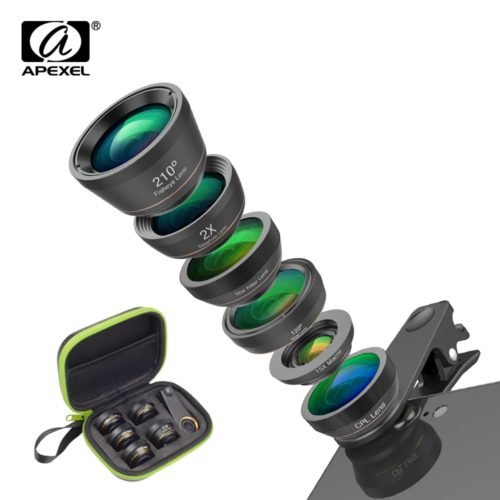 APEXEL Universal 6 in 1 Phone Camera Lens Fish Eye Lens Wide Angle macro Lens CPL/Star Filter 2X tele for almost all smartphones 1