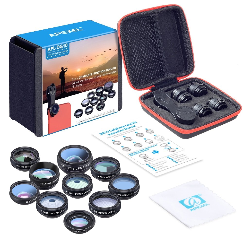 APEXEL 10 in 1 Phone camera Lens Kit Fisheye Wide Angle macro Lens CPL Filter Kaleidoscope and 2X telescope Lens for smartphone 6 APEXEL 10 in 1 Phone camera Lens Kit Fisheye Wide Angle macro Lens CPL Filter Kaleidoscope and 2X telescope Lens for smartphone - Image 6