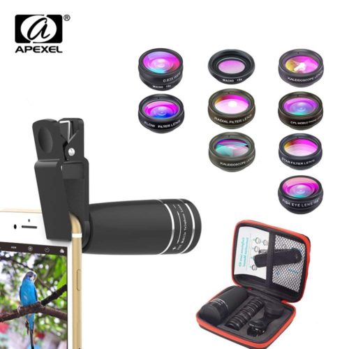 APEXEL 10 in 1 Mobile phone Lens Telephoto Fisheye lens Wide Angle Macro Lens+CPL/Flow/Radial/Star Filter for all smartphones 1