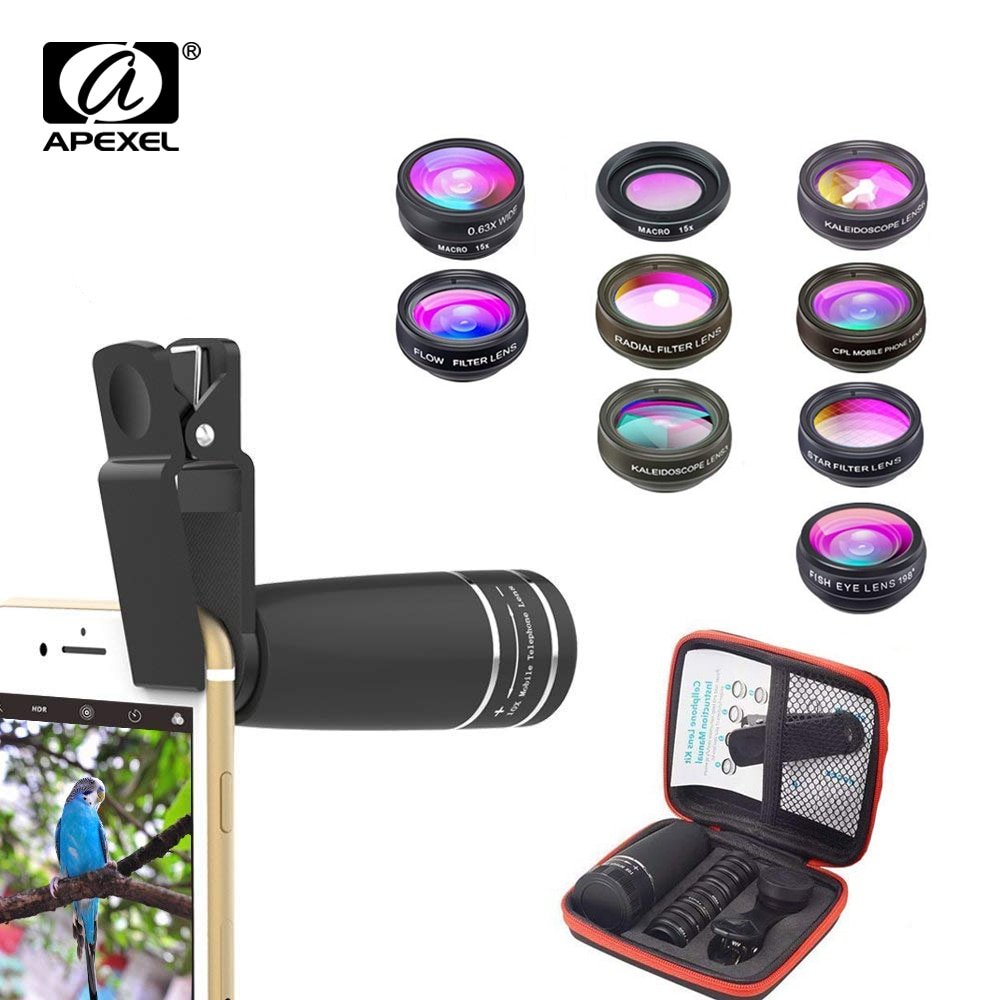 APEXEL 10 in 1 Mobile phone Lens Telephoto Fisheye lens Wide Angle Macro Lens+CPL/Flow/Radial/Star Filter for all smartphones 1 APEXEL 10 in 1 Mobile phone Lens Telephoto Fisheye lens Wide Angle Macro Lens+CPL/Flow/Radial/Star Filter for all smartphones