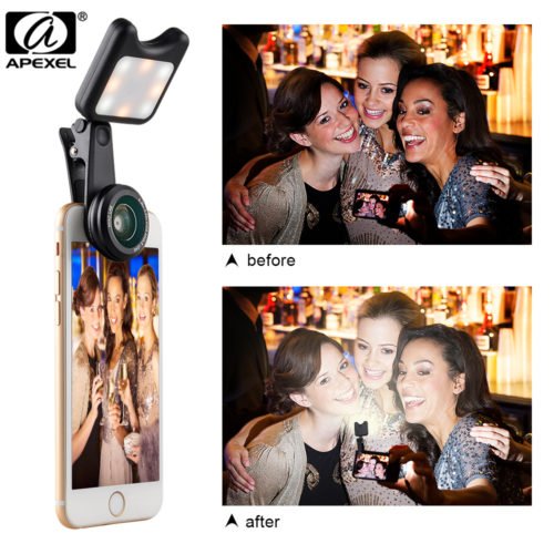 APEXEL LED Selfie Light Fill-in light +0.36X Wide Angle Lens + 15X Macro Lens Kit 5