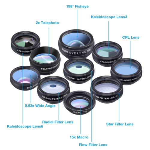 APEXEL 10 in 1 Phone camera Lens Kit Fisheye Wide Angle macro Lens CPL Filter Kaleidoscope and 2X telescope Lens for smartphone 3