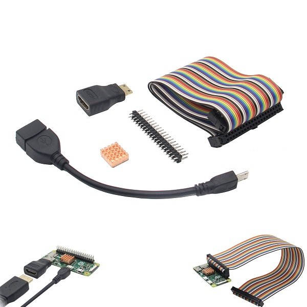 5-in-1 GPIO Cable + USB OTG Cable + Mini HDMI to HDMI Adapter + 2x20 Pin Header + Heat Sink Base Kit For Raspberry Pi Zero / Raspberry Pi Zero W. 1
