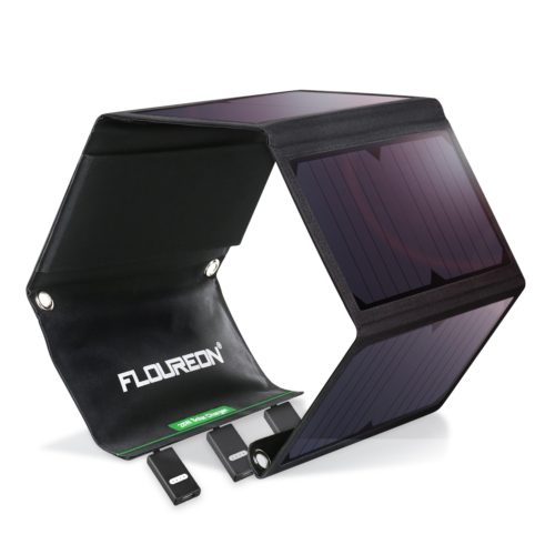 FLOUREON 28W Foldable Waterproof Solar Panel Charger Mobile Power Bank for Smartphones Tablets Triple USB Ports Outdoor 1