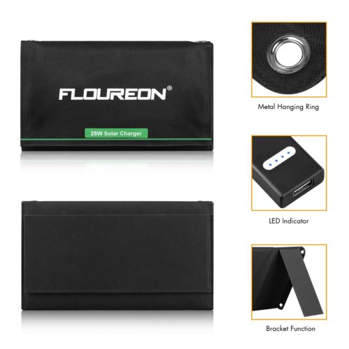 FLOUREON 28W Foldable Waterproof Solar Panel Charger Mobile Power Bank for Smartphones Tablets Triple USB Ports Outdoor 3