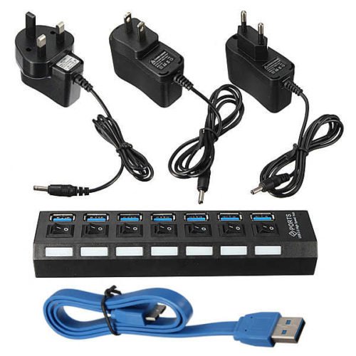 7 Port USB 3.0 Hub On/Off Switch+EU/US/UK AC Power Adapter 1