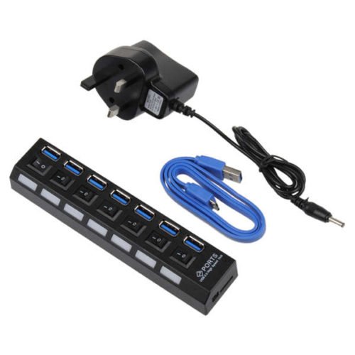 7 Port USB 3.0 Hub On/Off Switch+EU/US/UK AC Power Adapter 12