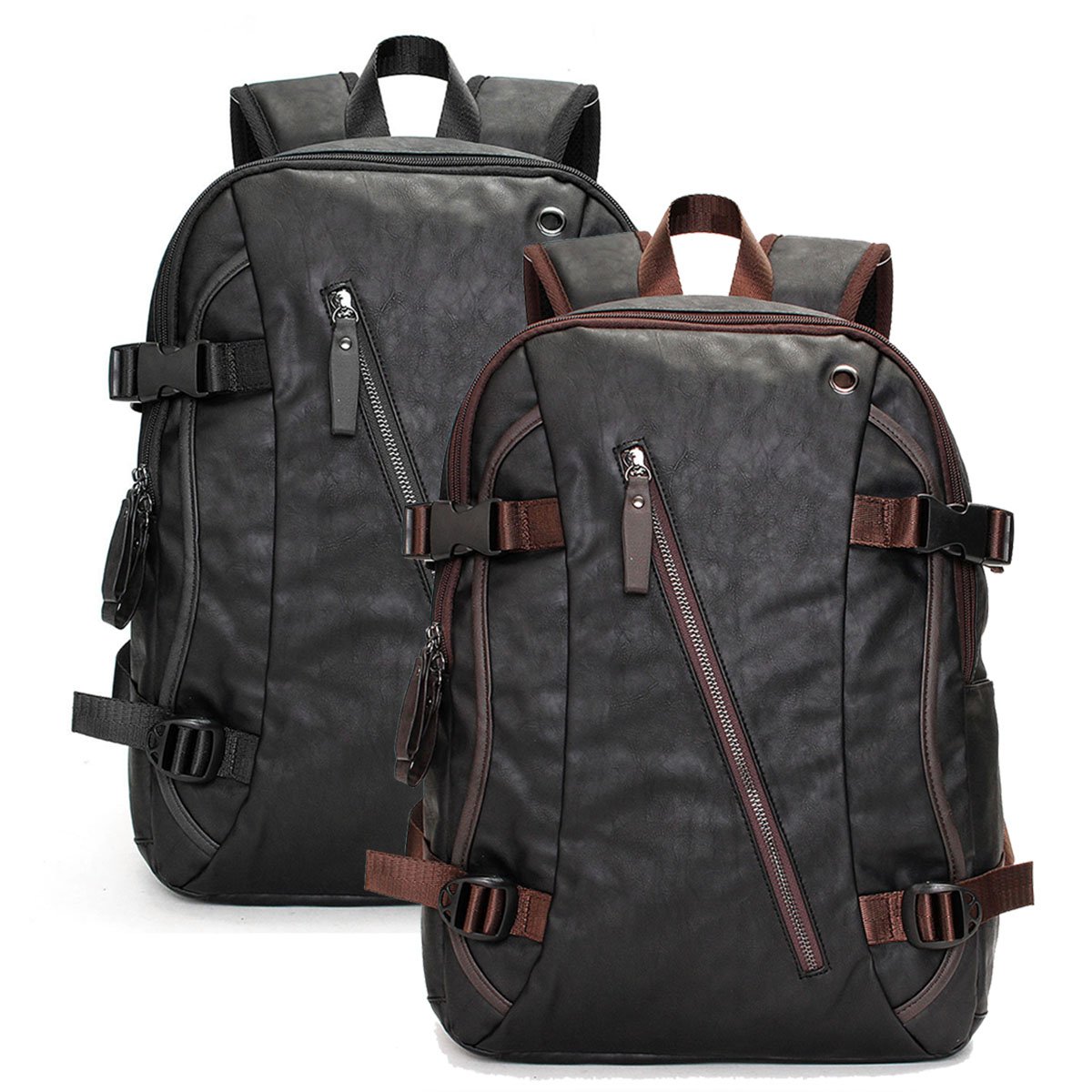 Men Vintage PU Leather Zipper Laptop Travel School Outdoor Backpack Bag Rucksack 2
