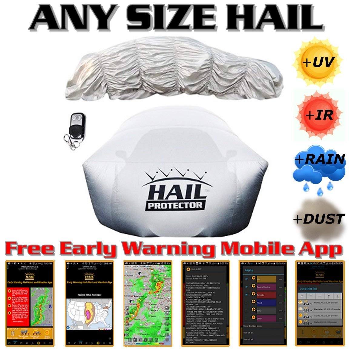 Hail Protector Patented Portable Car Cover System (ANY SIZE HAIL, REMOTE CONTROLLED, FREE MOBILE APP ALERT SUBSCRIPTION) for Sedans, Hatchbacks and Wa 2