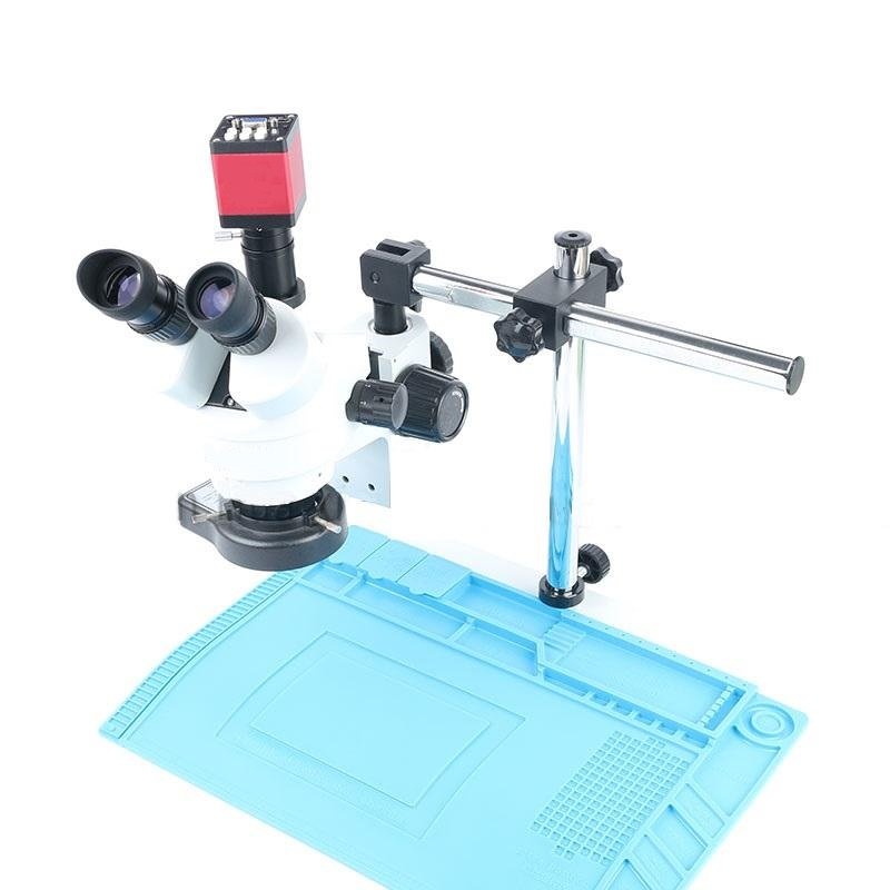 Simul-focal Continuous Zoom 7~45X Trinocular Stereo Microscope+HDMI/VGA Microscope Camera+56 LED Light+Universal Bracket+ Mat 1 Simul-focal Continuous Zoom 7~45X Trinocular Stereo Microscope+HDMI/VGA Microscope Camera+56 LED Light+Universal Bracket+ Mat