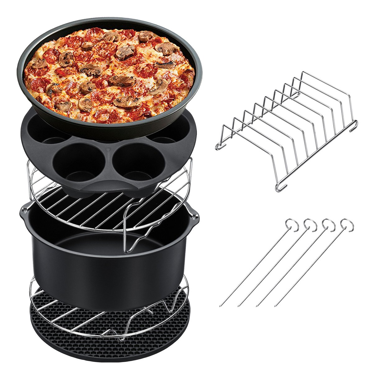 7PCS Air Fryer Accessories Set Chips Baking Basket Pizza Pan Home Kitchen Tool 2