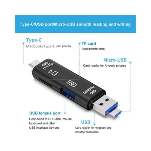5 in 1 USB 2.0 Type C / USB / Micro USB SD TF Memory Card Reader OTG Adapter Black 5