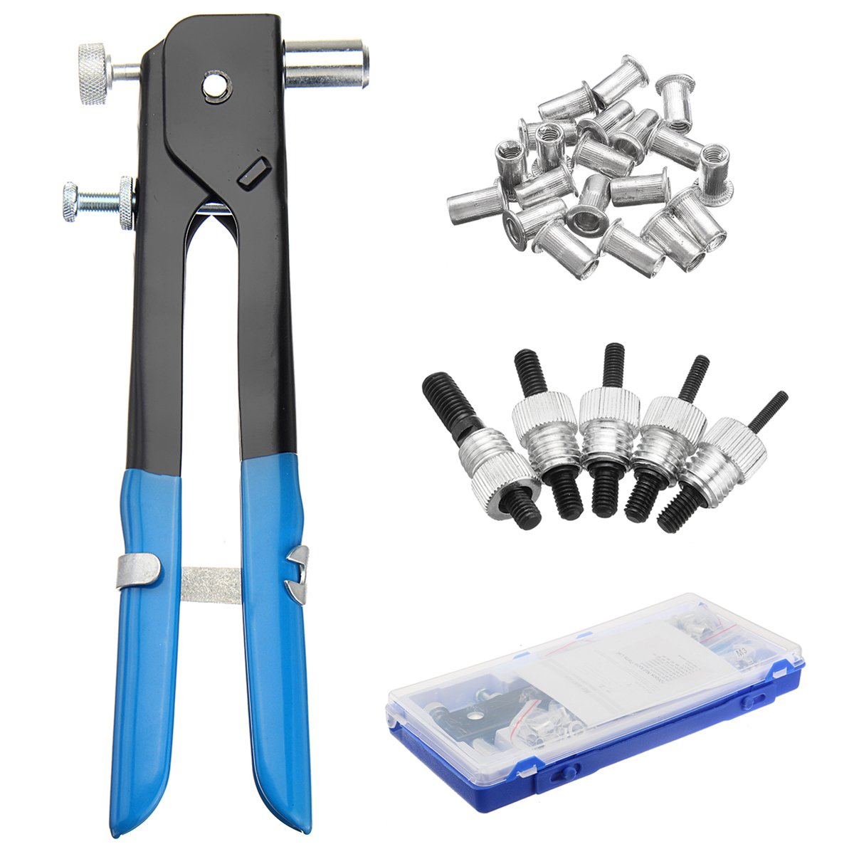 Pop Riveter Gun Rivet Hand Tool Set Kit with 100Pcs Nut Inserts + 5Pcs Mandrels & Box 1 Pop Riveter Gun Rivet Hand Tool Set Kit with 100Pcs Nut Inserts + 5Pcs Mandrels & Box