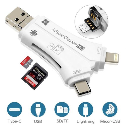 4 in 1 iPhone/Micro usb/USB Type-c/USB SD Card Reader for iPhone iPad Mac & Android, SD & Micro SD, PC - White 9