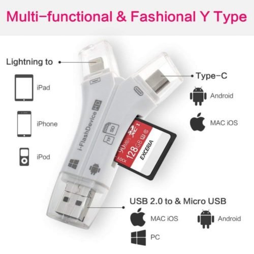 4 in 1 iPhone/Micro usb/USB Type-c/USB SD Card Reader for iPhone iPad Mac & Android, SD & Micro SD, PC - Black 4