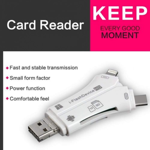 4 in 1 iPhone/Micro usb/USB Type-c/USB SD Card Reader for iPhone iPad Mac & Android, SD & Micro SD, PC - White 3