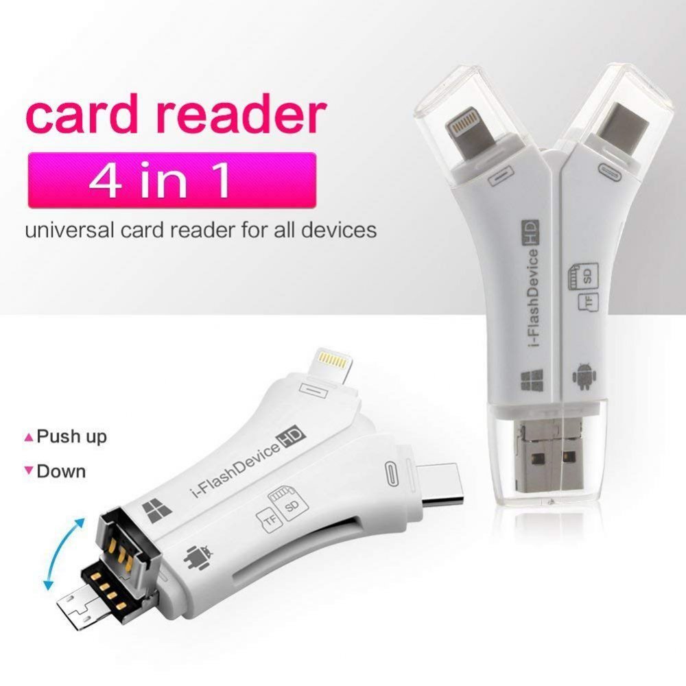 4 in 1 iPhone/Micro usb/USB Type-c/USB SD Card Reader for iPhone iPad Mac & Android, SD & Micro SD, PC - White 2