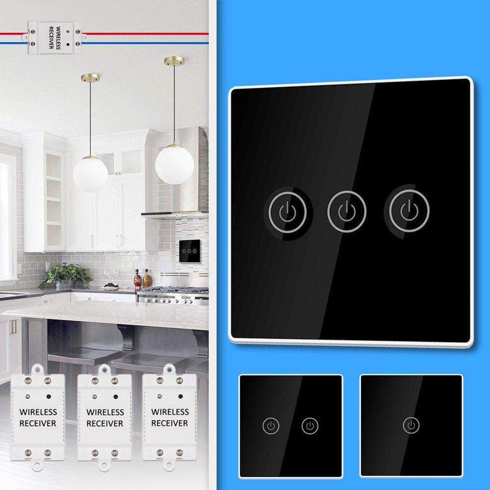 KCASA 1/2/3 Gang AC200-240V Wireless Panel Touch Switch with 3PCS Receiver Kit Remote Control Smart Home Control Module 2