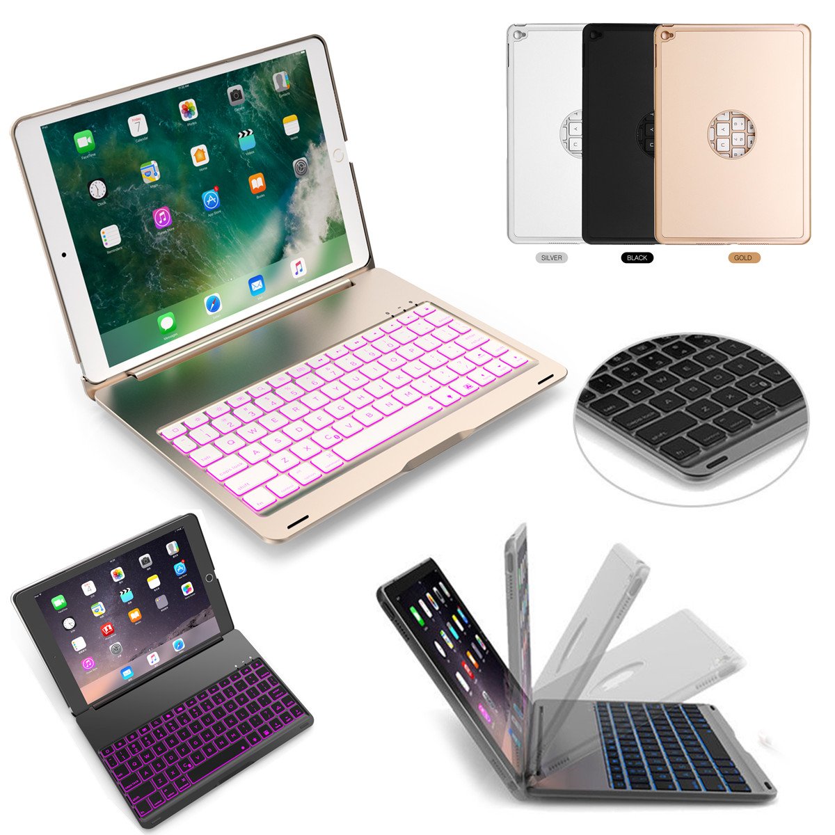 7 Colors Backlit Aluminum Alloy Wireless bluetooth Keyboard Case For iPad Air/iPad Air 2 1