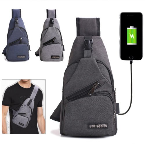 Men USB Charging Shoulder Chest Bag Sling Backpack Waterproof Sports Travel Pouch 1