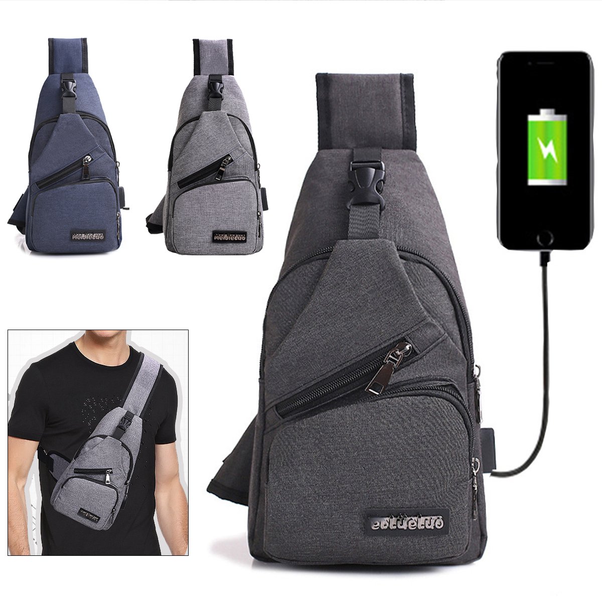 Men USB Charging Shoulder Chest Bag Sling Backpack Waterproof Sports Travel Pouch 2