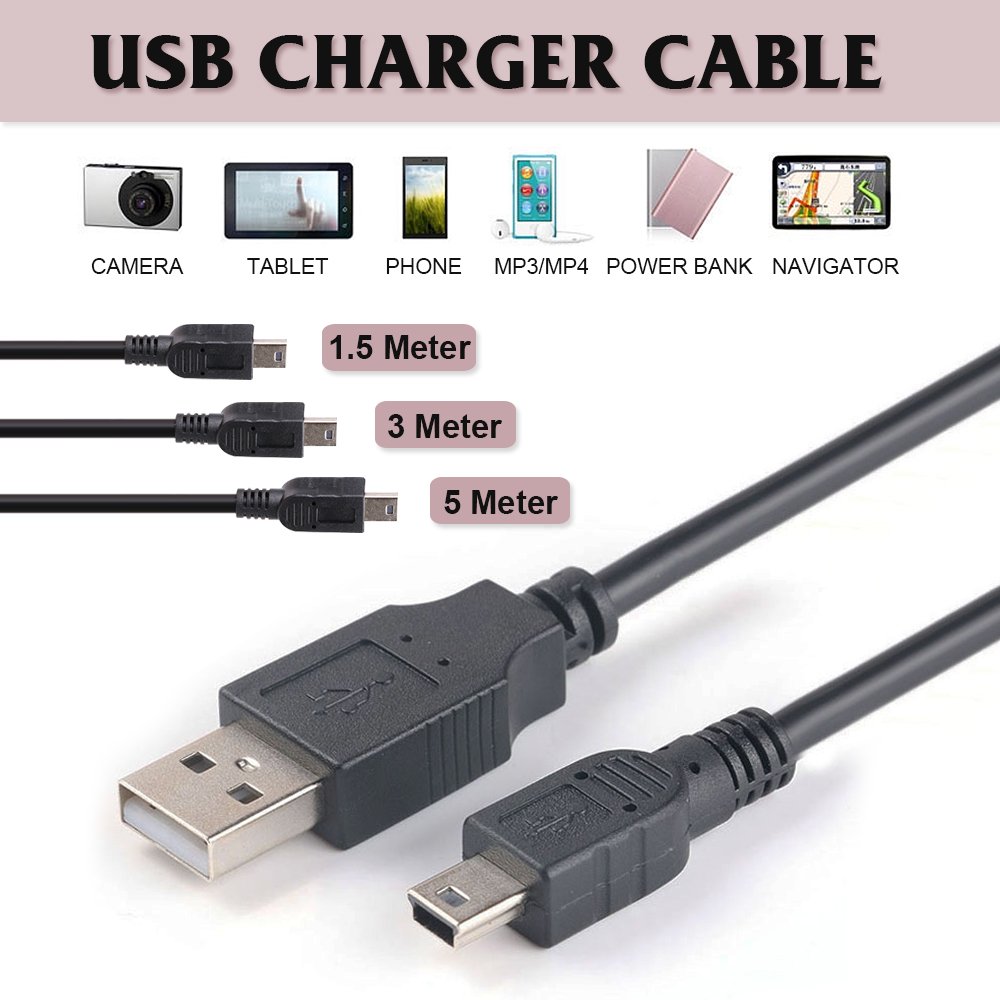 1.5/3/5M Mini 5P USB Power Charger Cable for Sony Playstation 3 Game Controller 2
