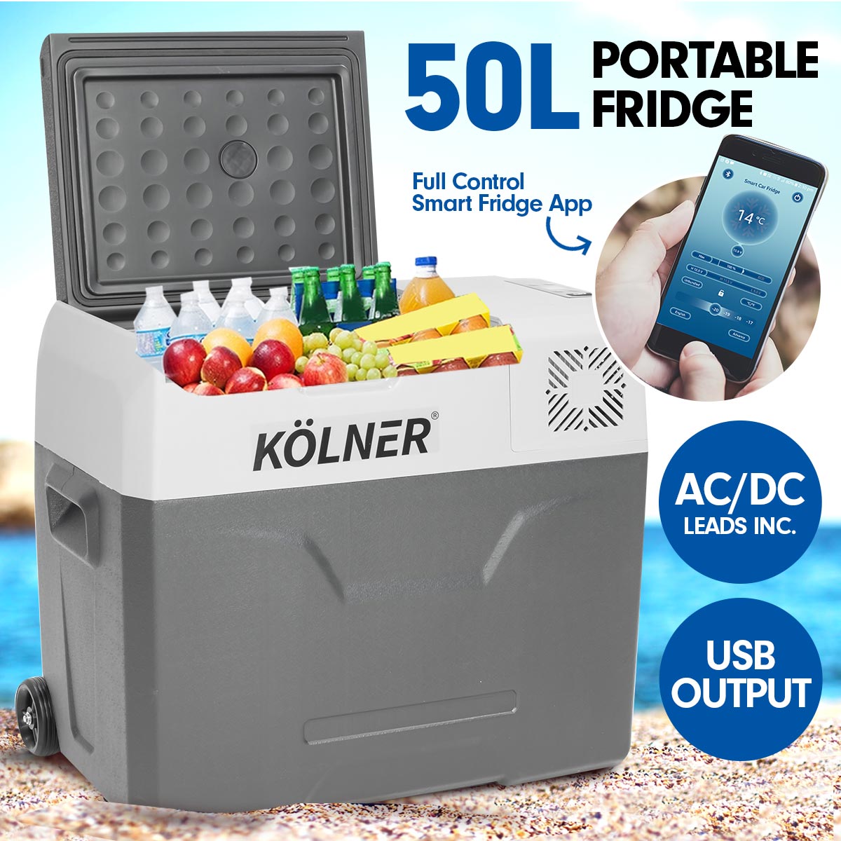 Kolner 50L Portable Fridge Cooler Freezer Camping Food Storage with Smart Fridge App