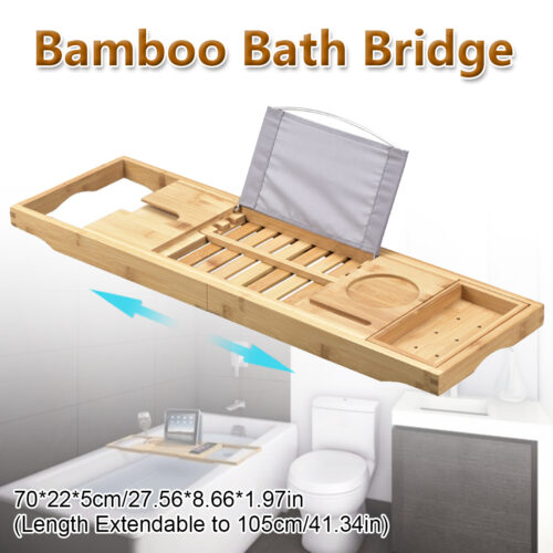 Multifunctional Bamboo Bathtub Rack Retractable Storage Shelf for Bathroom