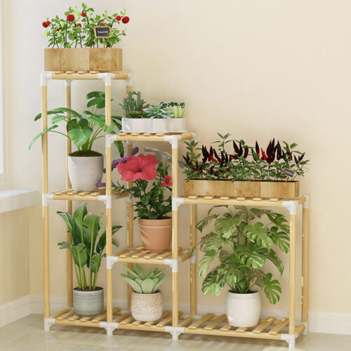 Multifuncitonal Wooden Plants Stand Follower Pot Organizer Shelf Garden Display Rack Holder for Garden Indoor Decor