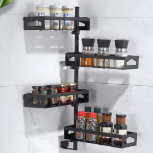 Jiexing JXE04-BK-SR 2/4 Layers Wall-mounted Rotating Spice Rack Punch-free Adjustable Height for Kitchen