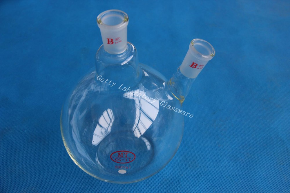 2L 2-neck (two-neck) flat bottom boiling flask ,2000ml, 24/40 joint,heavy wall ( borosilicate glass materiel)