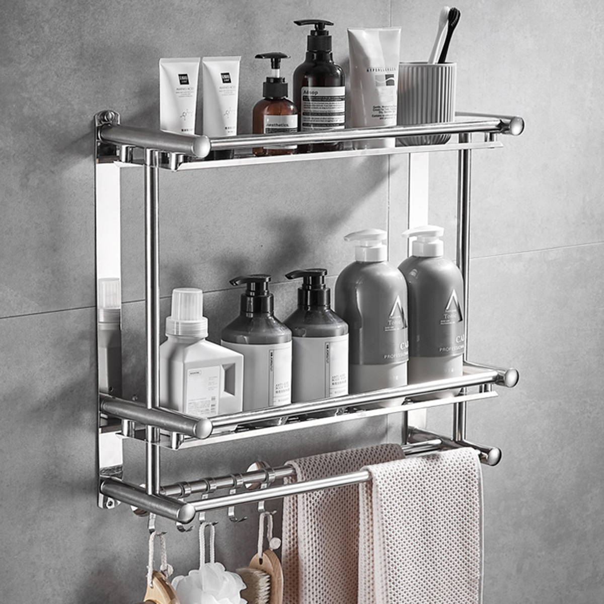 Towel Rail Holder Double Chrome Wall Mounted Stainless Steel Bathroom Rack Shelf