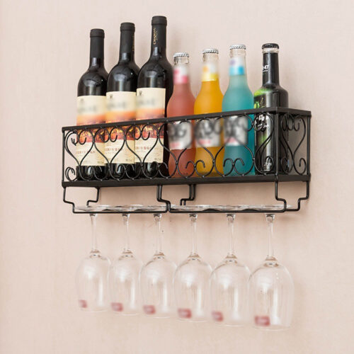 SHANGRONG D59838 Wall Mount Liquor Rack Metal Storage Shelf Glass Holder Hanging Home Kitchen Bar